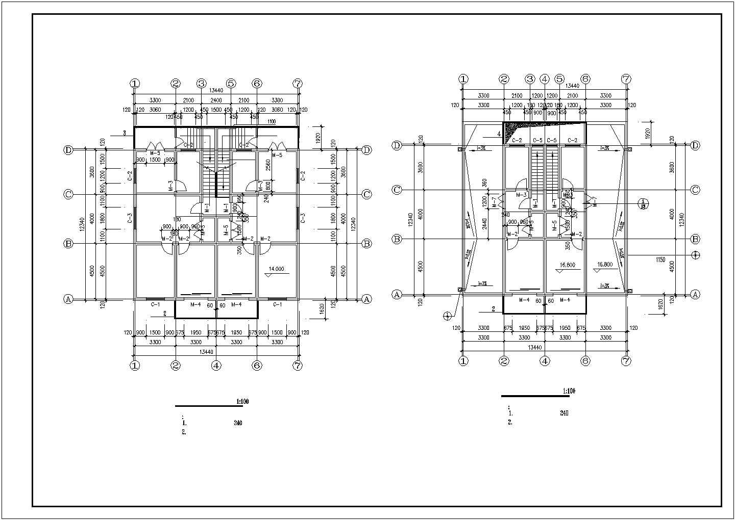某6+1层砖混结构住宅楼平立剖面设计CAD图纸（1层2户）