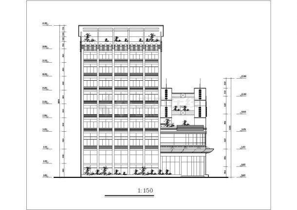 长春市某商业街1.1万平米8层框架结构商务酒店平立剖面设计CAD图纸-图二