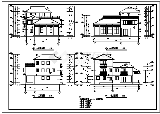 三层中式风格别墅建筑施工cad图，共五张-图一