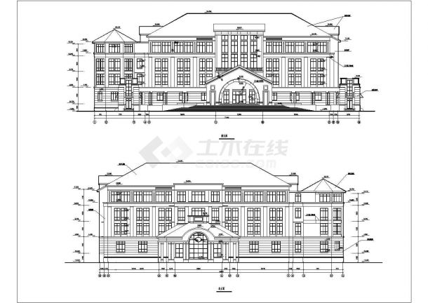 某四层框架结构学校教学楼立面设计cad方案图纸（大院设计）-图二