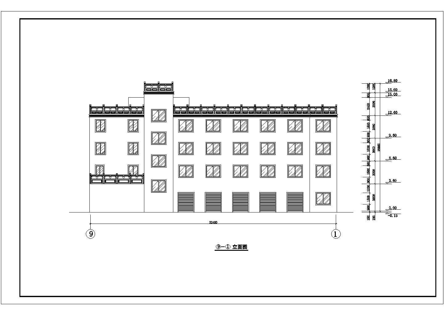 1400平米4层框架结构休闲旅馆平立剖面设计CAD图纸（底层临街商铺）