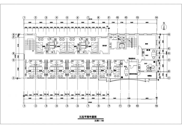 武汉市某商业街五层混合结构商务酒店局部平面设计CAD图纸_图1