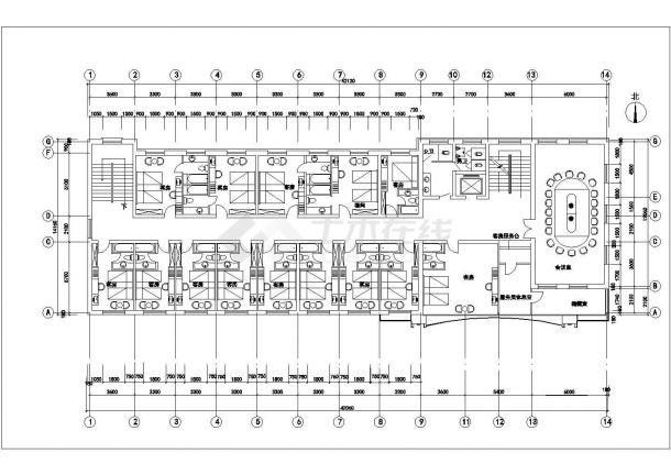 武汉市某商业街五层混合结构商务酒店局部平面设计CAD图纸-图二