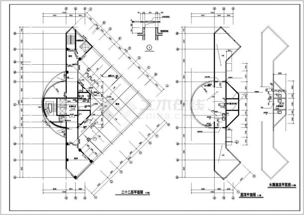 1.6万平米左右22层框剪结构商务酒店平立剖面设计CAD图纸-图一