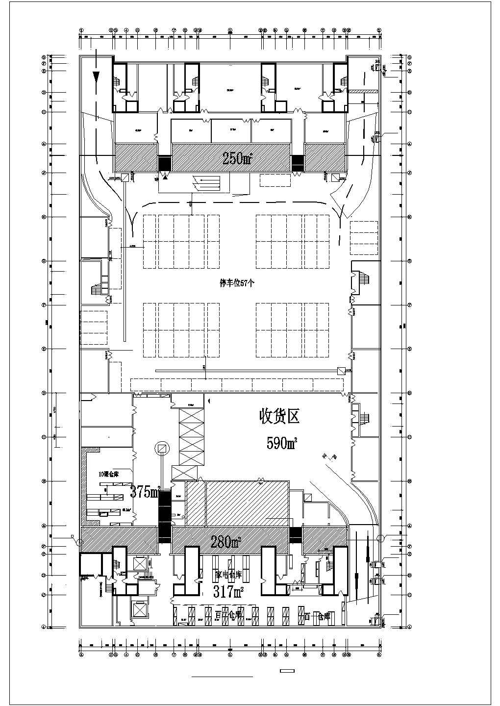 1万平米左右3层框架结构百货商场平面设计CAD图纸（含车库层）