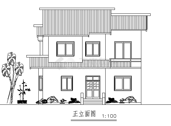 二层中式别墅建筑施工cad图(含平立面图，共三张)-图二