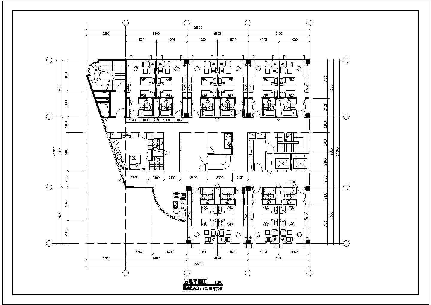 徐州某商业街5100平米8层框架结构商务宾馆平立面设计CAD图纸