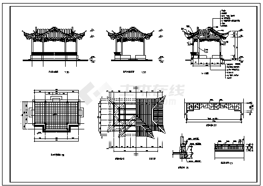 某市园林区仿古凸字亭建筑施工cad图_凸字亭施工-图二
