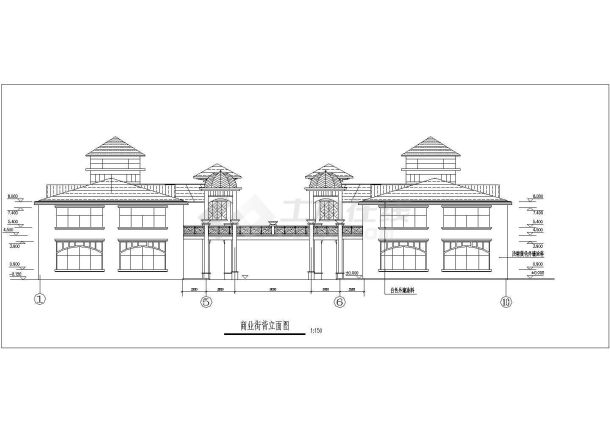 2150平米2层框架结构休闲商业广场立剖面设计CAD图纸-图一