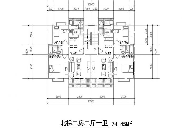 1梯2户对称户型住宅建筑设计cad图纸_图1