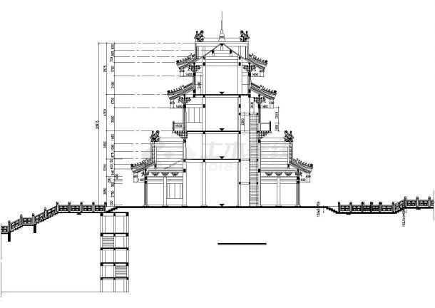 长54.6米 宽51.2米 望海楼古建筑一层的平面及一立一剖面图-图二