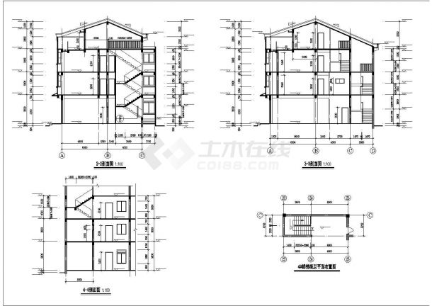 1450平米临街四层框混结构商住楼平立剖面设计CAD图纸（含阁楼）-图一