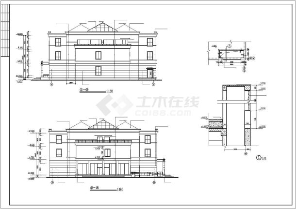 滁州市某小区3200平米3层框架结构商业会所平立剖面设计CAD图纸-图一