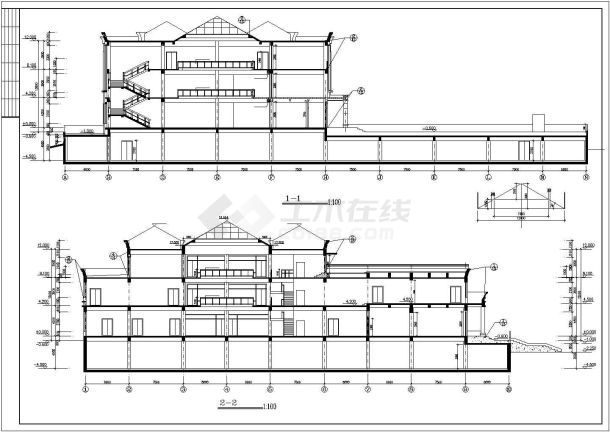 滁州市某小区3200平米3层框架结构商业会所平立剖面设计CAD图纸-图二