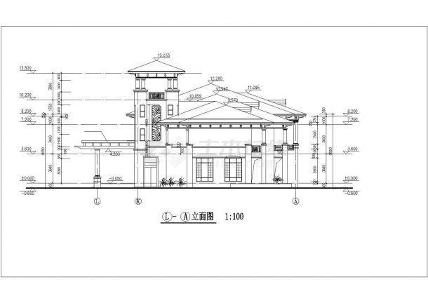 1620平米左右3层框混结构社区会所平立剖面设计CAD图纸（含阁楼）-图二