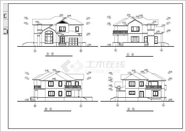 淄博市某别墅区337平米2层框混结构单体别墅平立剖面设计CAD图纸-图二