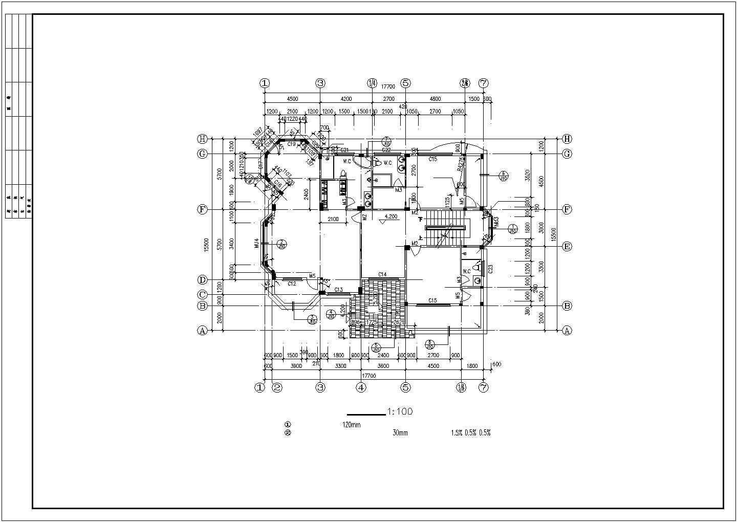 300平米2层框混结构单体别墅建筑设计CAD图纸（含天面层和效果图）