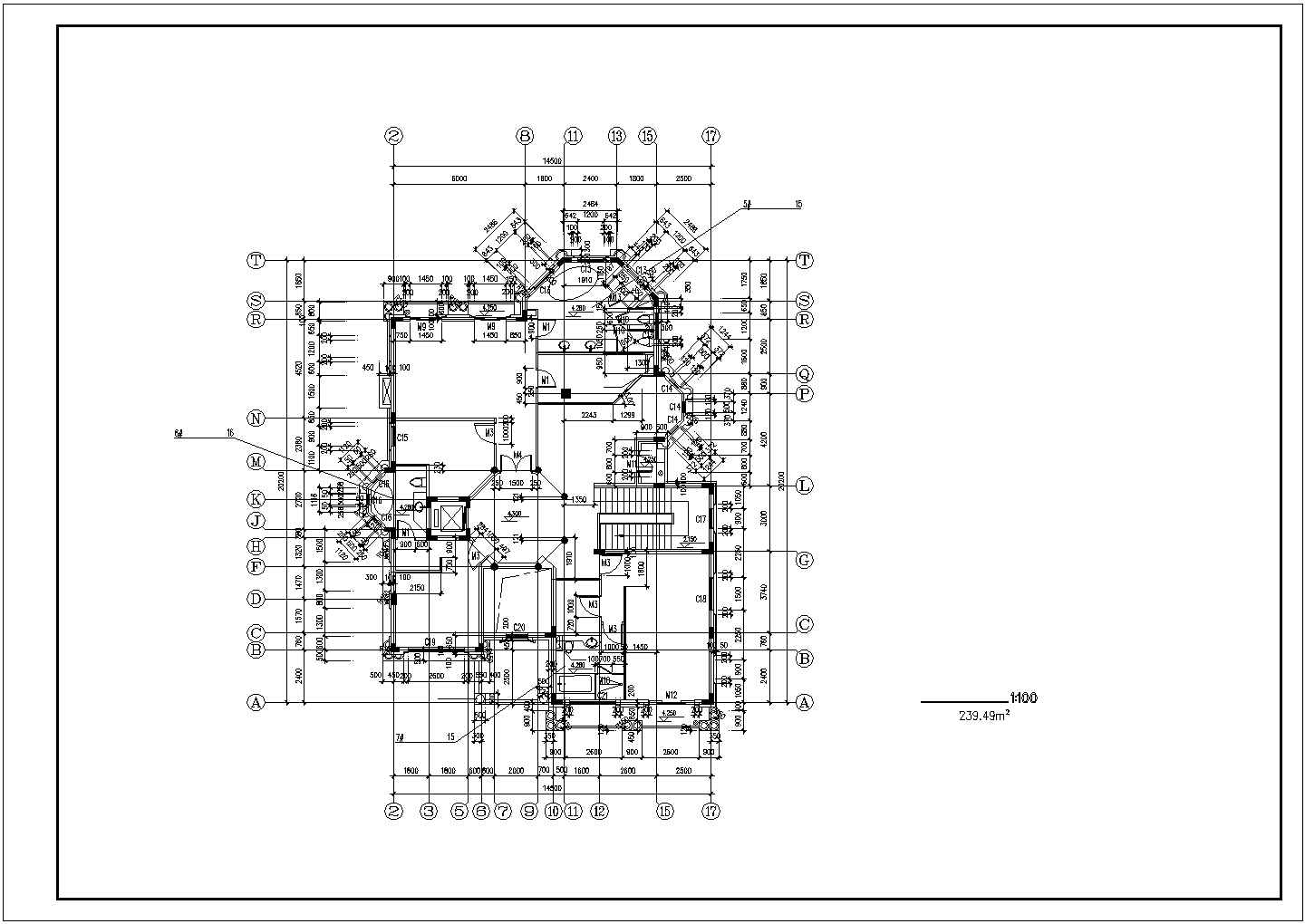 800平米2层框架结构单体别墅全套平面设计CAD图纸（含地下室层）