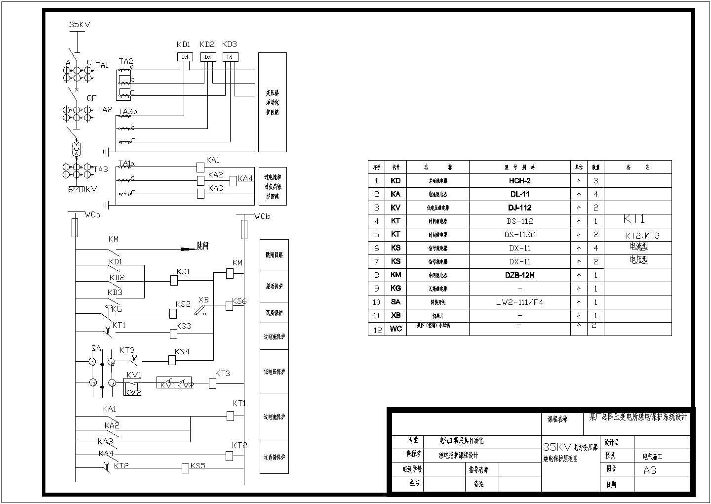 某厂总降压变电所35KV电力变压器继电保护设计cad电气原理图纸（甲级院设计）