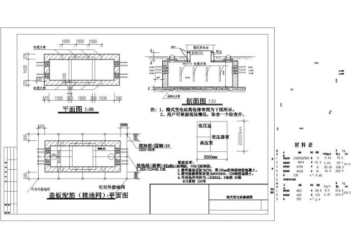 [设计图]某配电工程箱式变电站设计cad基础施工图纸（标注详细）_图1