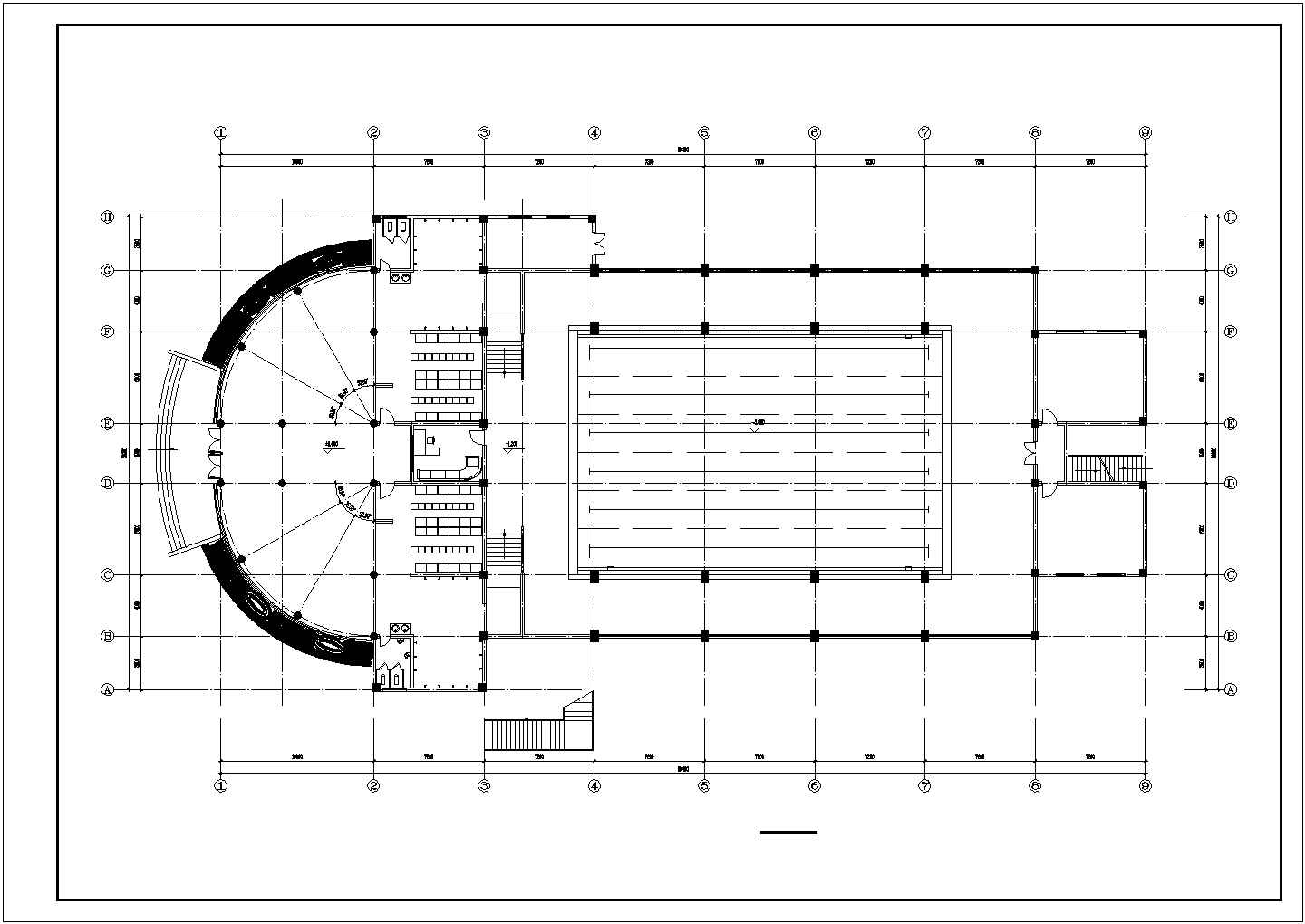 长60.4米 宽30.9米 2层室内体育馆建筑设计图【1-2层及屋顶平面 4个立面】