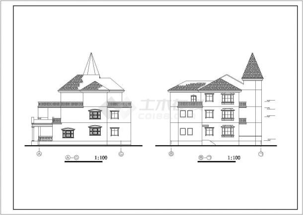 265平米3层框混结构单体别墅全套平立剖面设计CAD图纸（含效果图）-图二