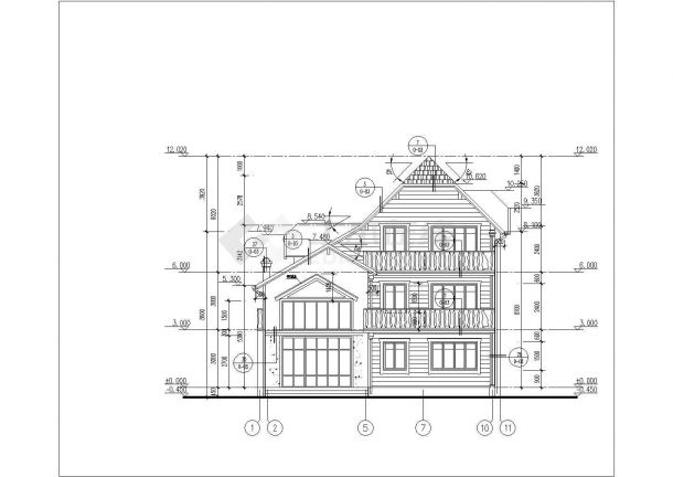 烟台市某村镇385平米3层框混结构单体乡村别墅平立剖面设计CAD图纸-图一