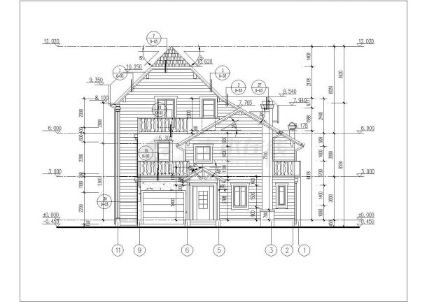 烟台市某村镇385平米3层框混结构单体乡村别墅平立剖面设计CAD图纸-图二