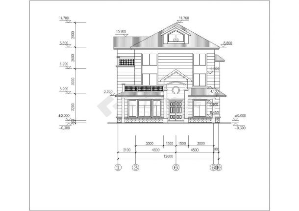 占地120平米3层混合结构单体别墅平立面设计CAD图纸（含阁楼/效果图）-图二