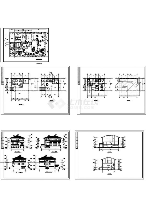 某地3层350平米清新别墅全套建筑设计cad图【平立剖面图 总平面图】-图一