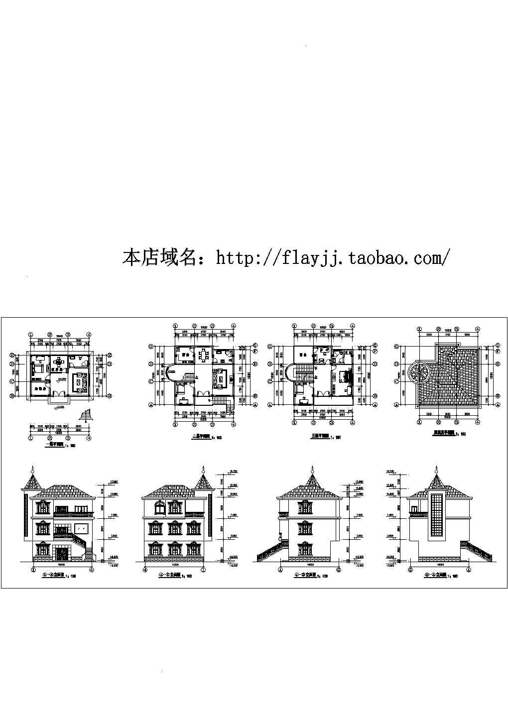 农村3层式简单小别墅全套建筑设计cad图【含平立面图】