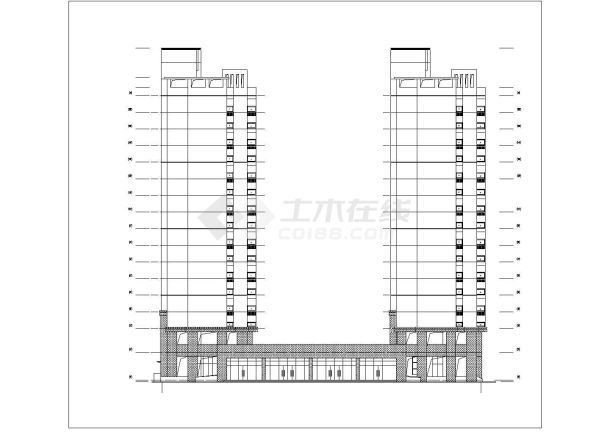 两栋16层联排式框架结构商住楼平立剖面设计CAD图纸（1-2层商用）-图一