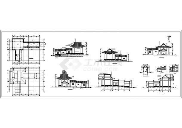 四角亭廊建筑设计方案图（长17.7米 宽14.1米）-图一
