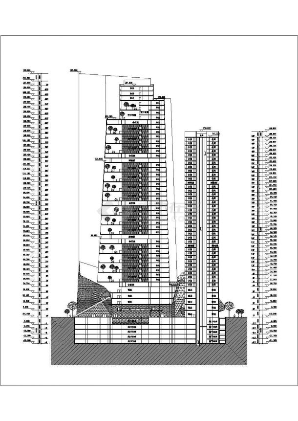成都市某商业街47层剪力墙结构商业办公一体楼剖面设计CAD图纸-图二