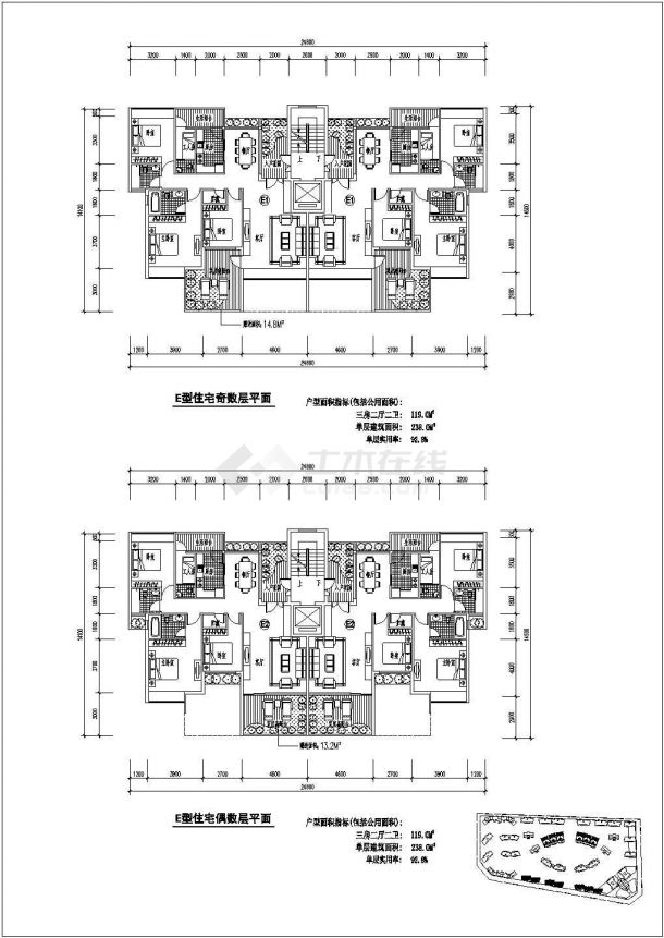 苏州某商业区E.F.I户型多层公寓全套建筑施工平面图(含偶数层平面图，奇数层平面图)-图一
