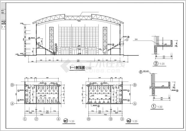 长41.5米 宽38米 1+1夹层小型体育馆建筑施工图【平立剖 卫生间平面】-图二