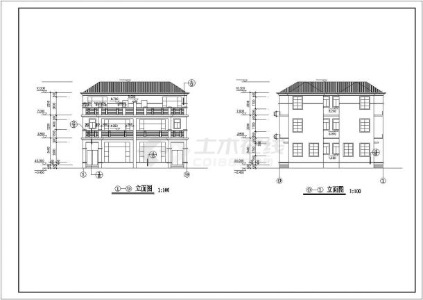 640平米3层框架结构双拼式高档别墅平立剖面设计CAD图纸（含效果图）-图一