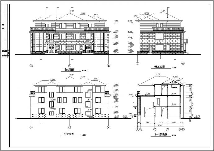 780平米三层框混结构双拼式豪华别墅平立剖面设计CAD图纸（含效果图）_图1