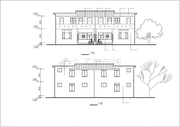 2层砖混结构双拼别墅平立剖面设计CAD图纸（每户163平米）-图二
