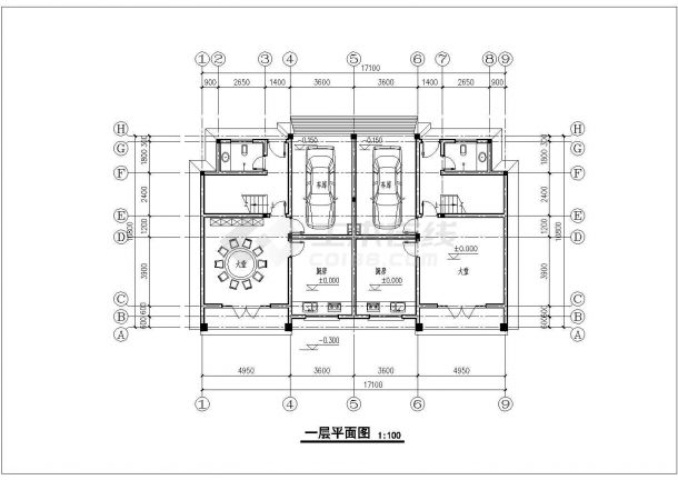 730平米四层框架结构双拼式豪华别墅全套平立剖面设计CAD图纸-图一