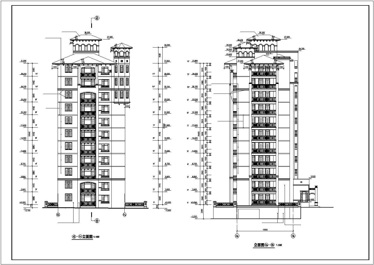 珠海市人民北路某小区11层框架结构住宅楼立面设计CAD图纸