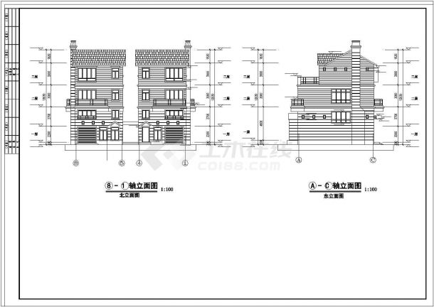 三层双拼别墅cad设计图（长15.24m宽10.44m）-图二