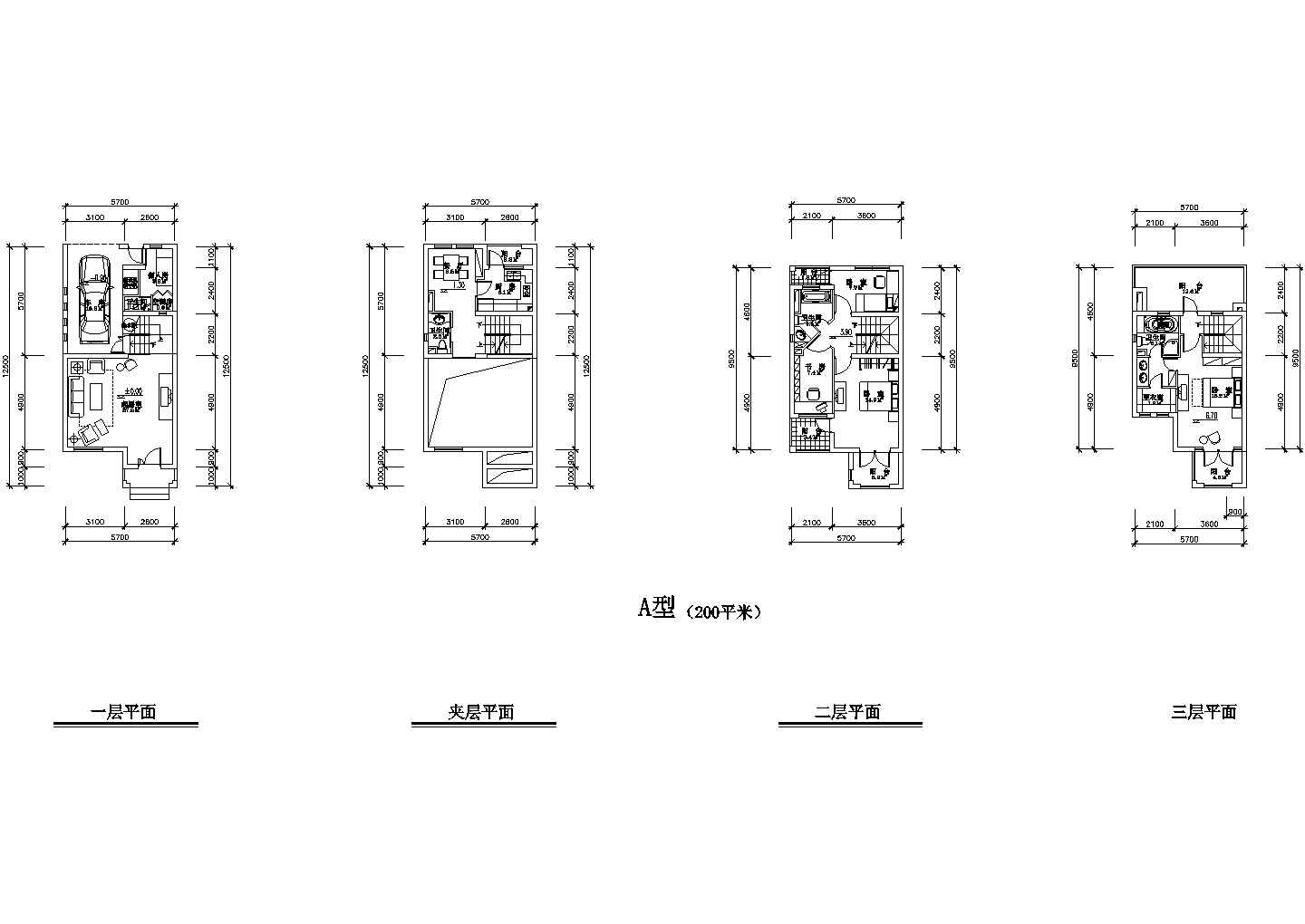 某带夹层联排别墅户型设计CAD图