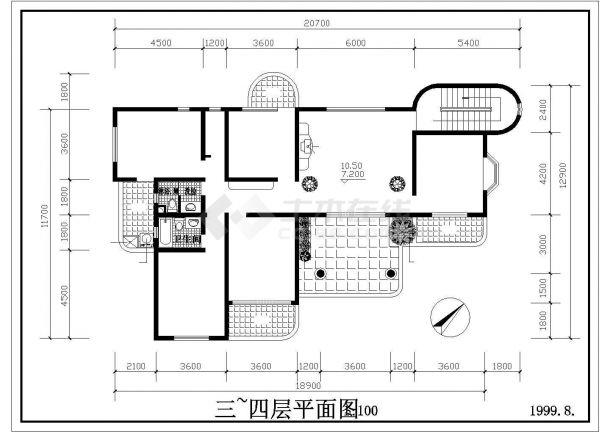 某小区450平米4层砖混结构住宅楼平立面设计CAD图纸（1层1户）-图一