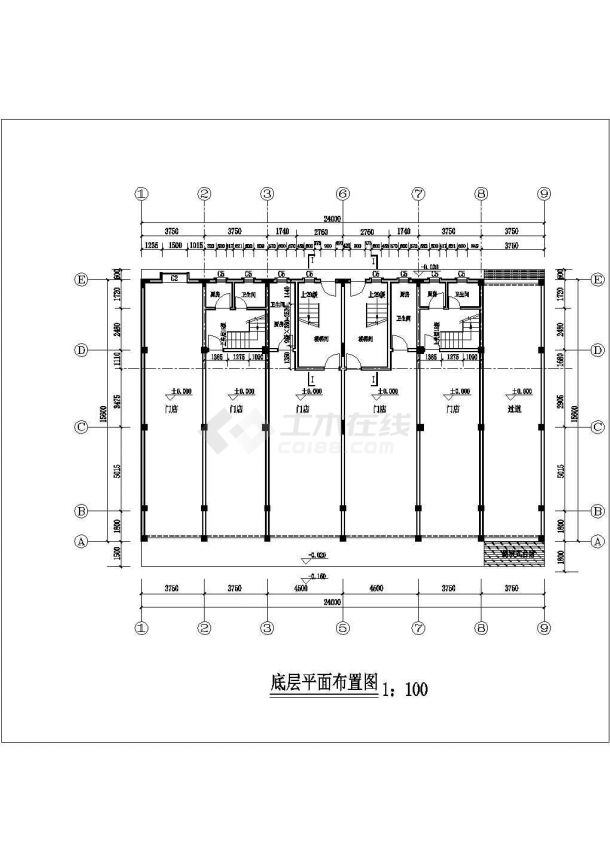 1800平米左右6层框混结构商住楼建筑设计CAD图纸（底层商铺）-图一