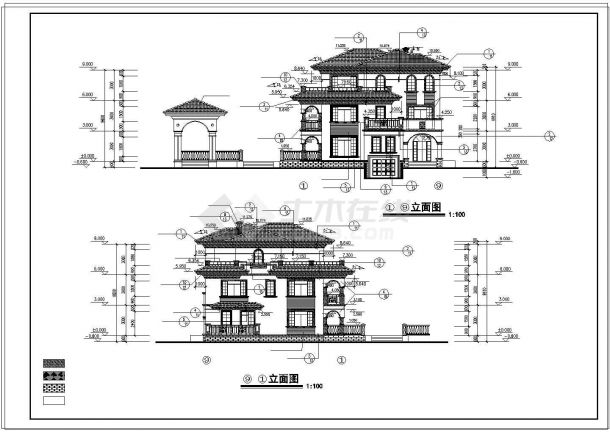 三层美式别墅建筑设计施工CAD图附效果图-图一