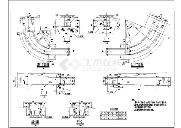 渡槽施工设计图（平面布置图 剖面设计图 排架结构及配筋图 进出口的平面）-图二