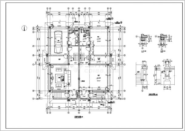 小区三层框架结构双拼别墅设计cad图（长16.57宽14.9m）-图一