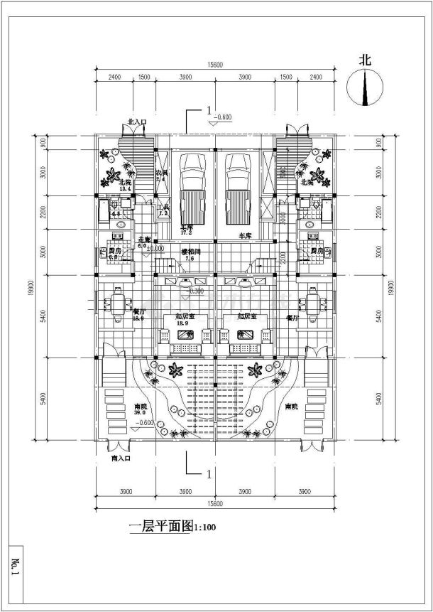 某别墅区2层框混结构双拼别墅平立剖面设计CAD图纸（每户220平米）-图一