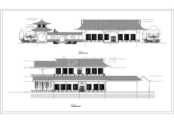 某二层框架结构古典茶室建筑设计cad立面方案图纸（甲级院设计）-图一